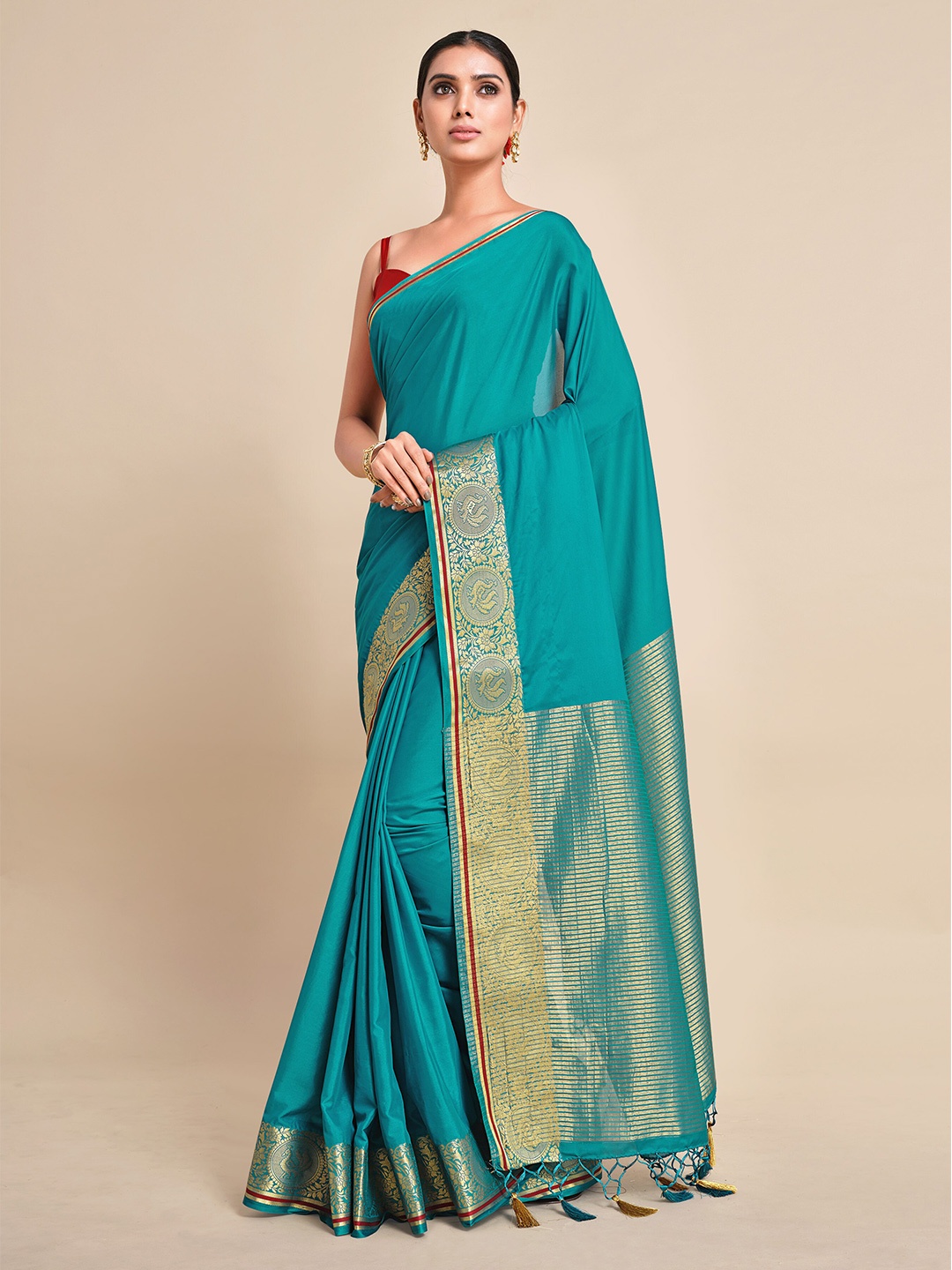 

MIMOSA Turquoise Blue & Gold-Toned Mysore Silk Saree