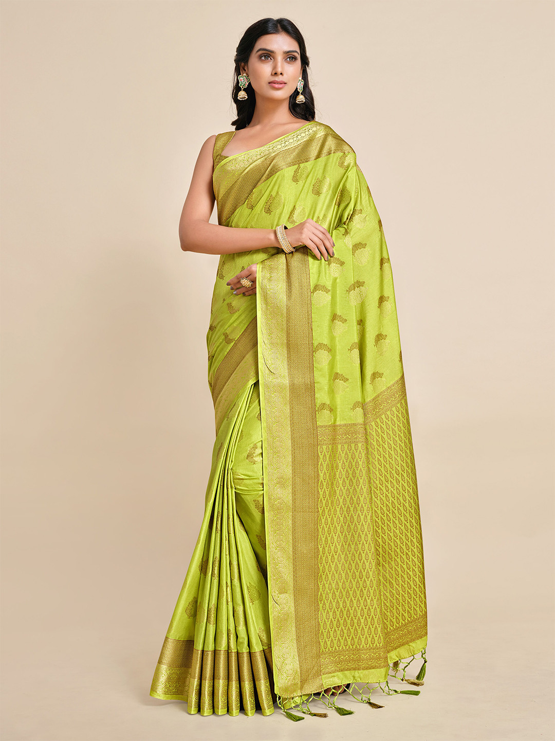 

MIMOSA Lime Green & Gold-Toned Ethnic Motifs Zari Art Silk Kanjeevaram Saree