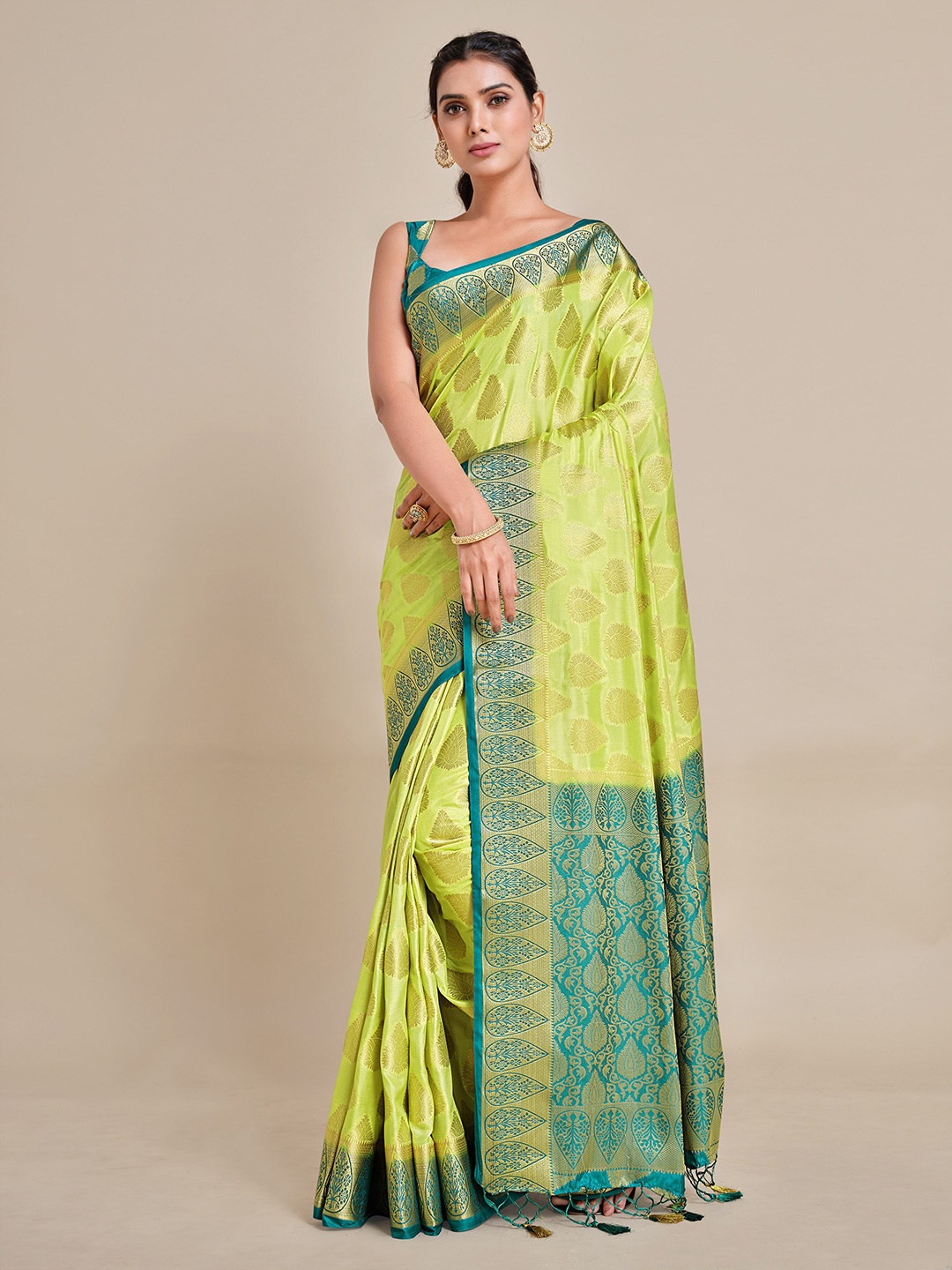 

MIMOSA Lime Green & Turquoise Blue Ethnic Motifs Zari Art Silk Kanjeevaram Saree