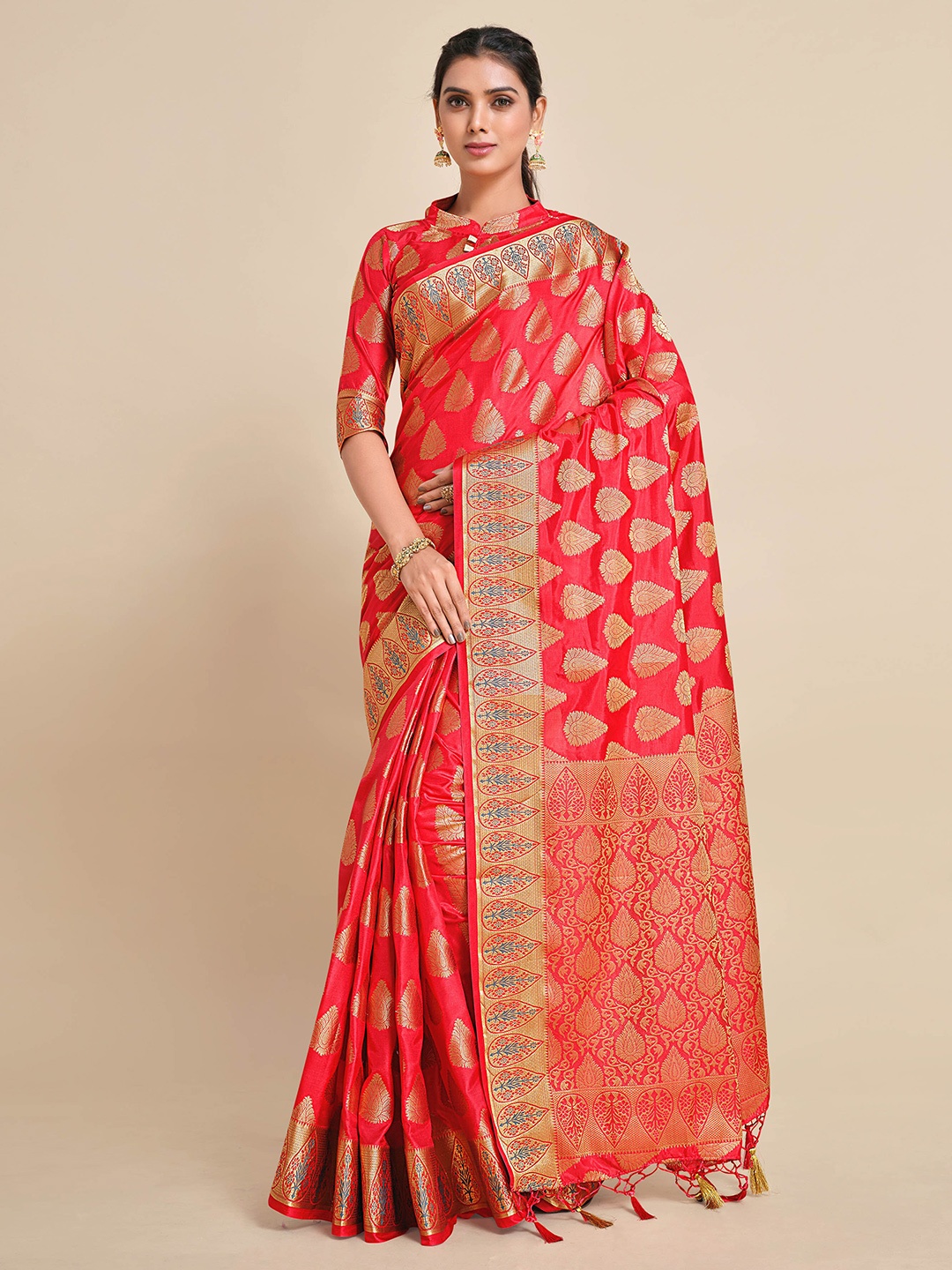 

MIMOSA Red & Blue Ethnic Motifs Zari Art Silk Kanjeevaram Saree