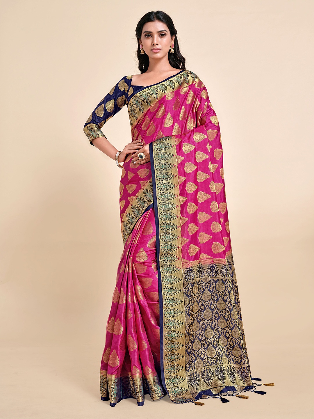 

MIMOSA Pink & Navy Blue Ethnic Motifs Zari Art Silk Kanjeevaram Saree