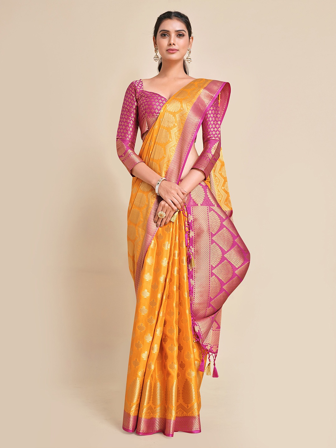 

MIMOSA Yellow & Pink Ethnic Motifs Zari Mysore Silk Saree