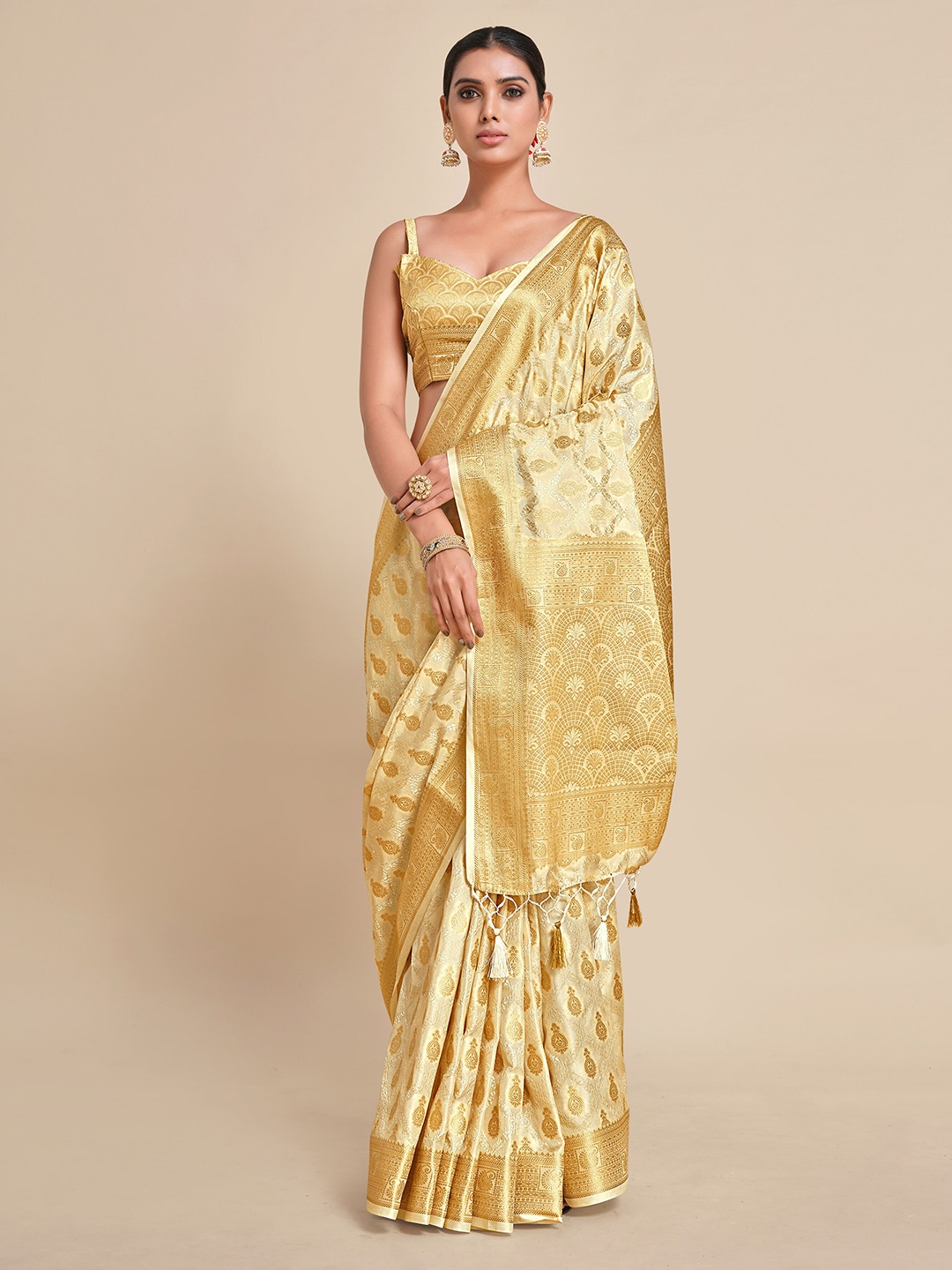

MIMOSA Beige & Gold-Toned Ethnic Motifs Zari Art Silk Kanjeevaram Saree
