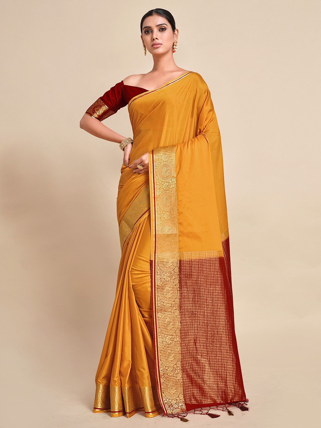 

MIMOSA Mustard & Red Zari Mysore Silk Saree