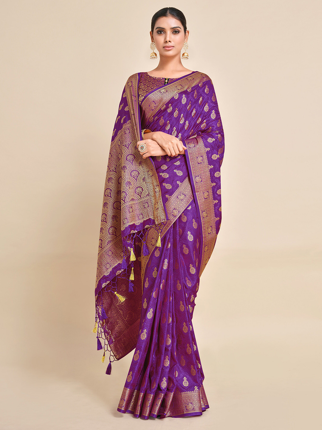 

MIMOSA Purple & Gold-Toned Ethnic Motifs Zari Art Silk Kanjeevaram Saree
