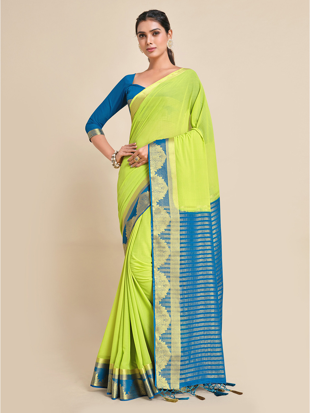 

MIMOSA Lime Green & Blue Zari Banarasi Saree