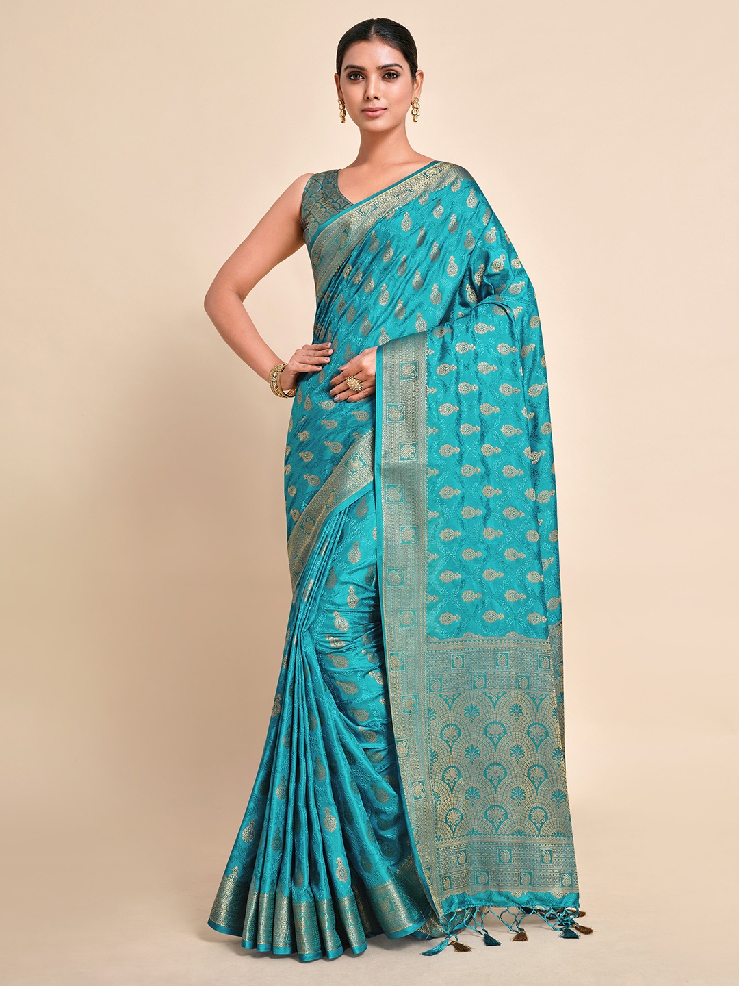 

MIMOSA Teal & Gold-Toned Ethnic Motifs Zari Art Silk Kanjeevaram Saree
