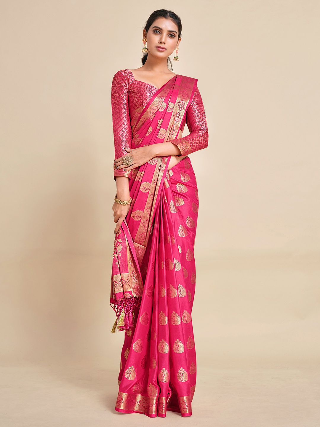 

MIMOSA Pink & Gold-Toned Ethnic Motifs Zari Mysore Silk Saree