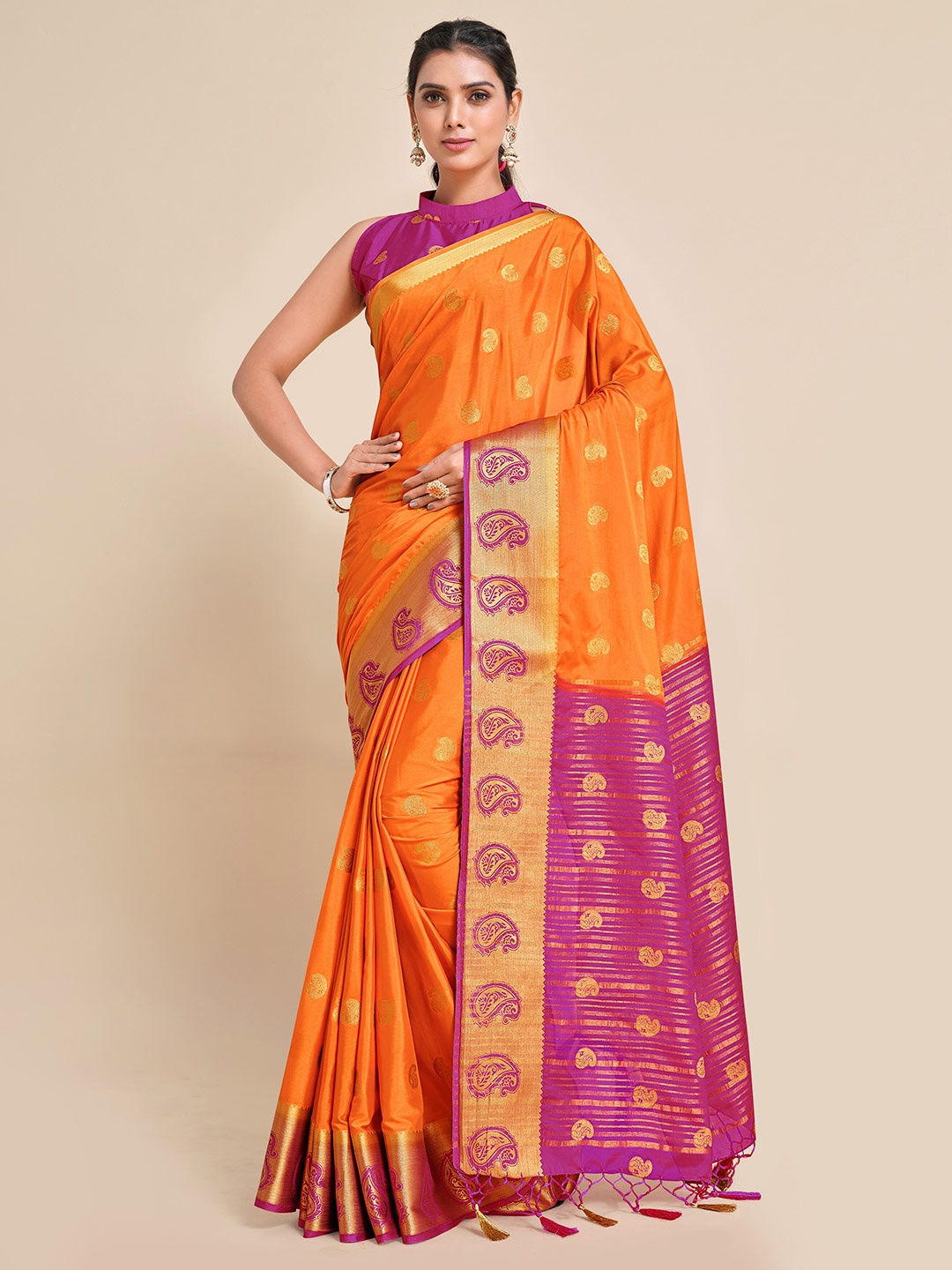 

MIMOSA Orange & Magenta Paisley Zari Mysore Silk Saree
