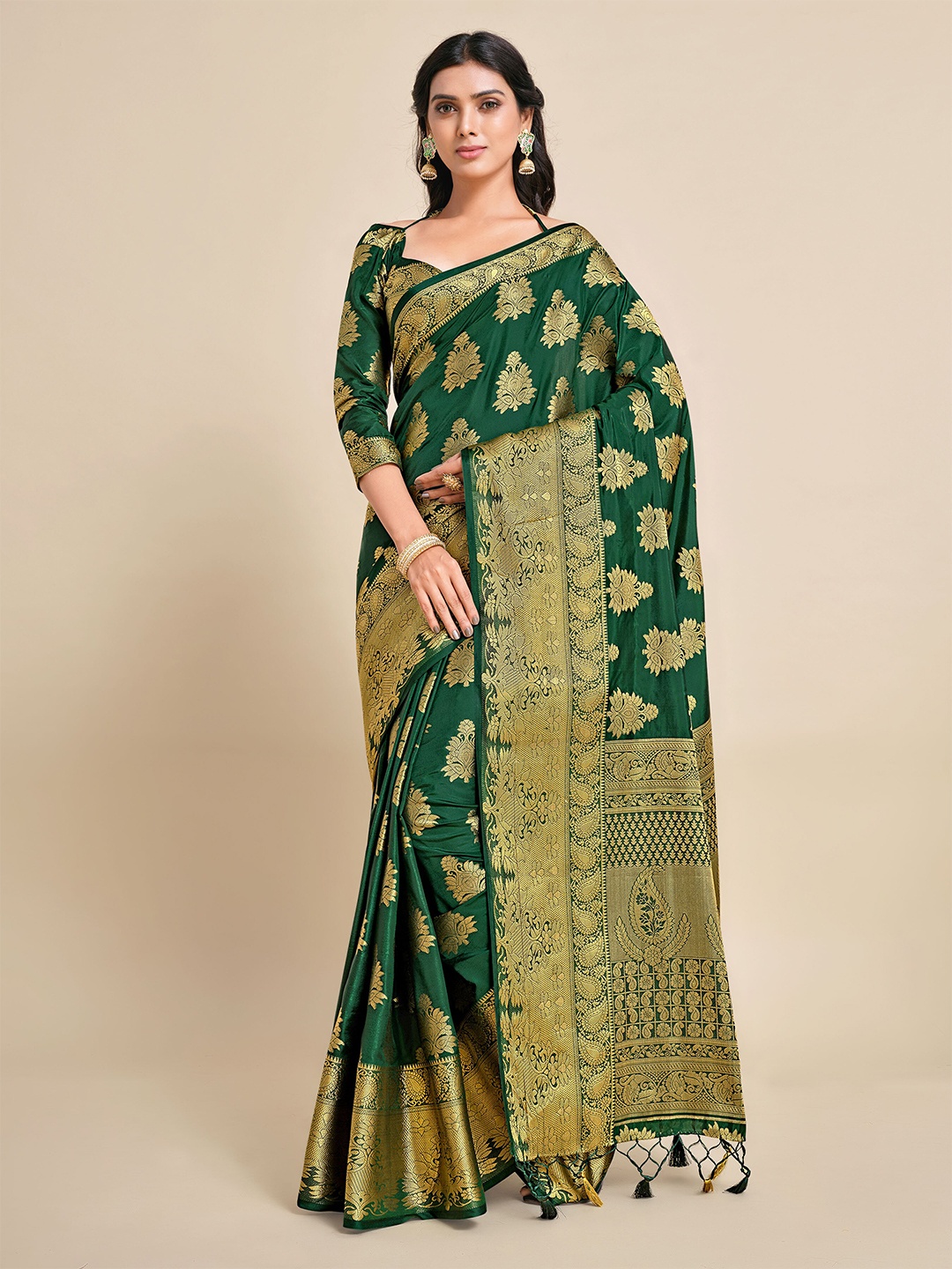 

MIMOSA Green & Gold-Toned Ethnic Motifs Zari Art Silk Kanjeevaram Saree