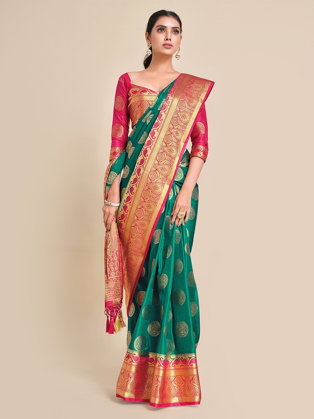 

MIMOSA Teal & Fuchsia Ethnic Motifs Zari Art Silk Kanjeevaram Saree