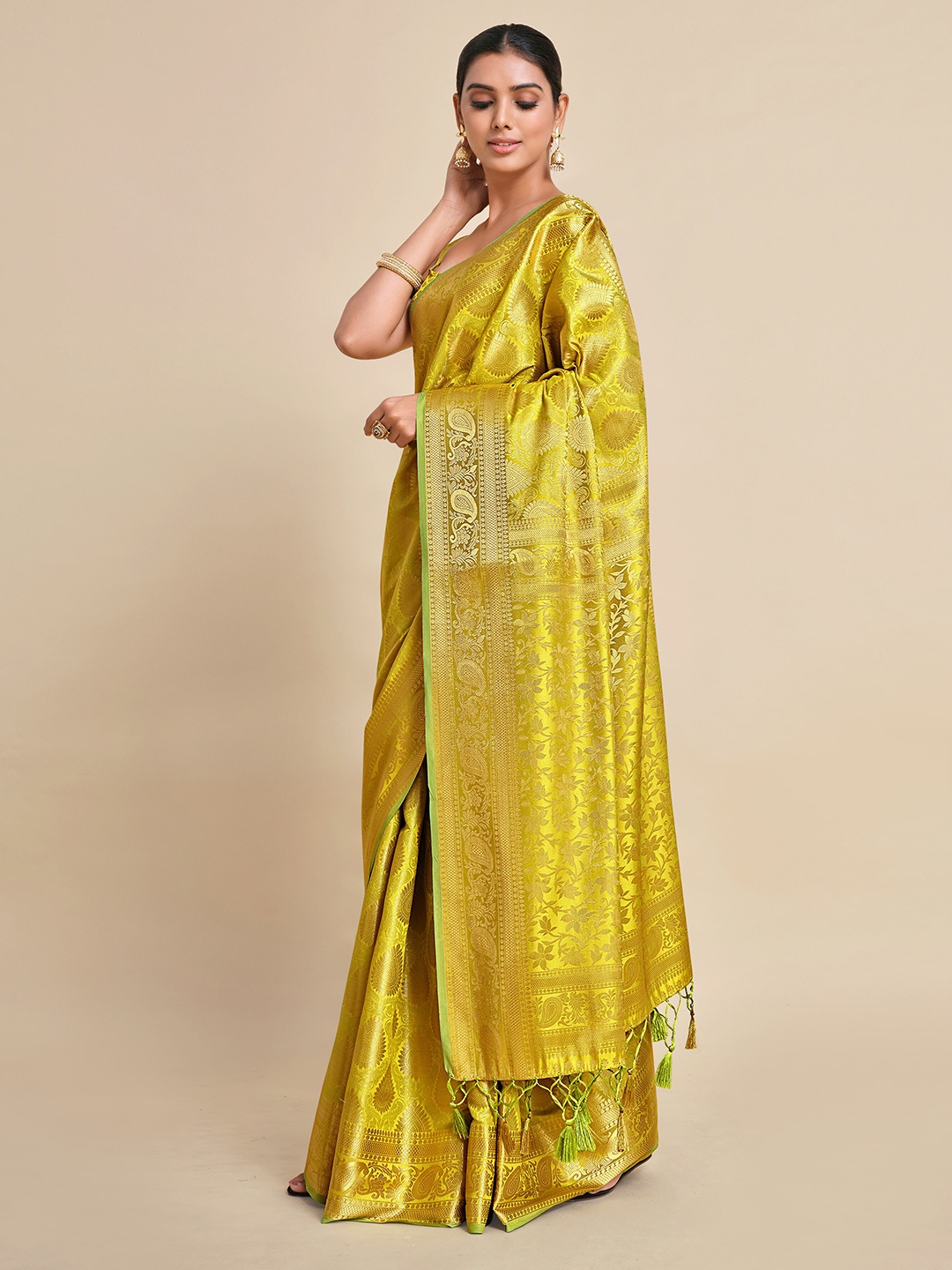 

MIMOSA Yellow & Gold-Toned Ethnic Motifs Zari Art Silk Kanjeevaram Saree