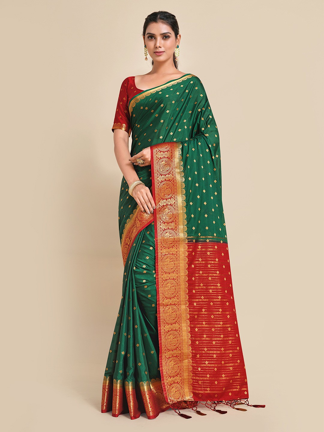 

MIMOSA Green & Red Zari Mysore Silk Saree