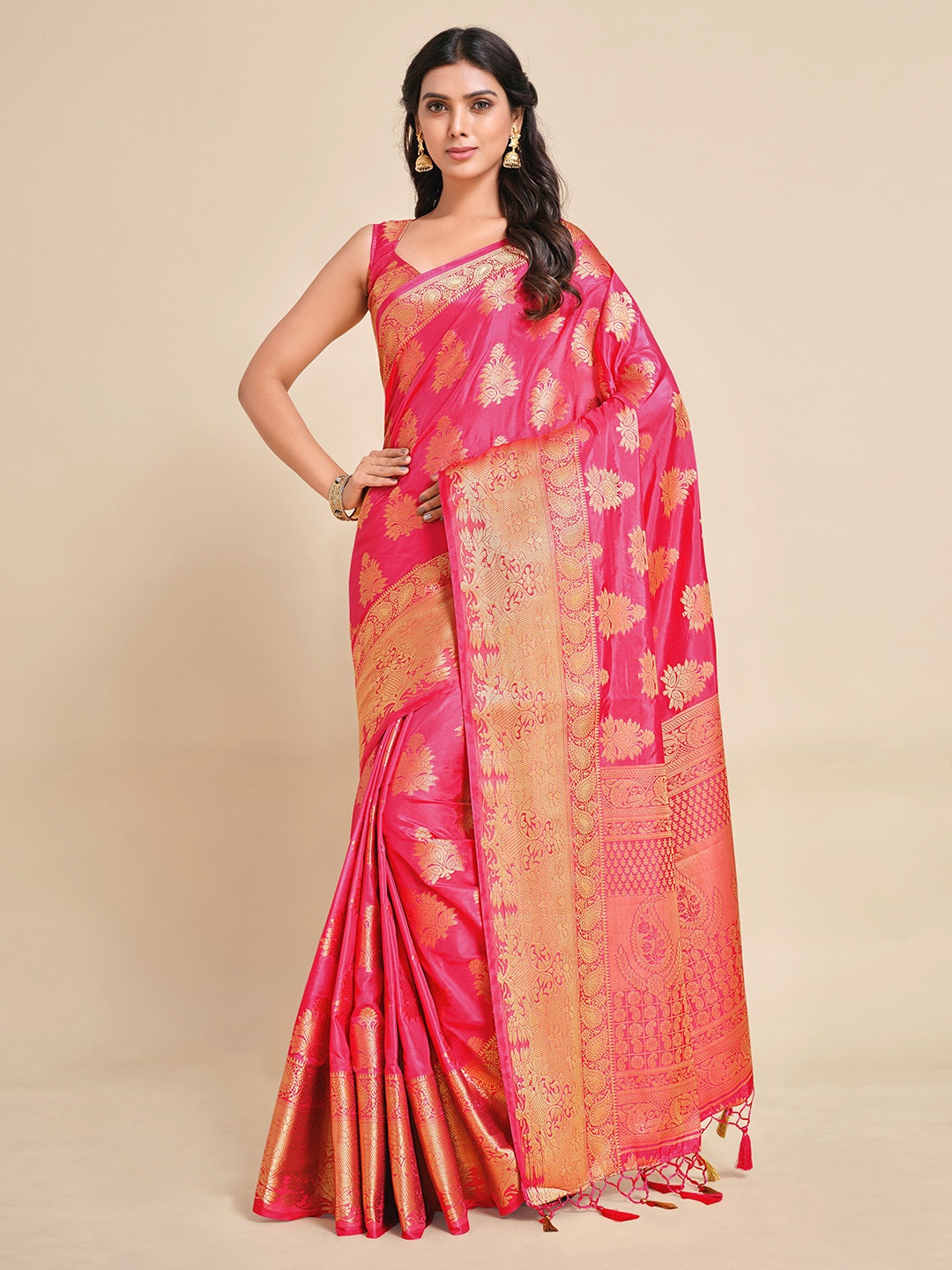 

MIMOSA Coral & Gold-Toned Ethnic Motifs Zari Art Silk Kanjeevaram Saree