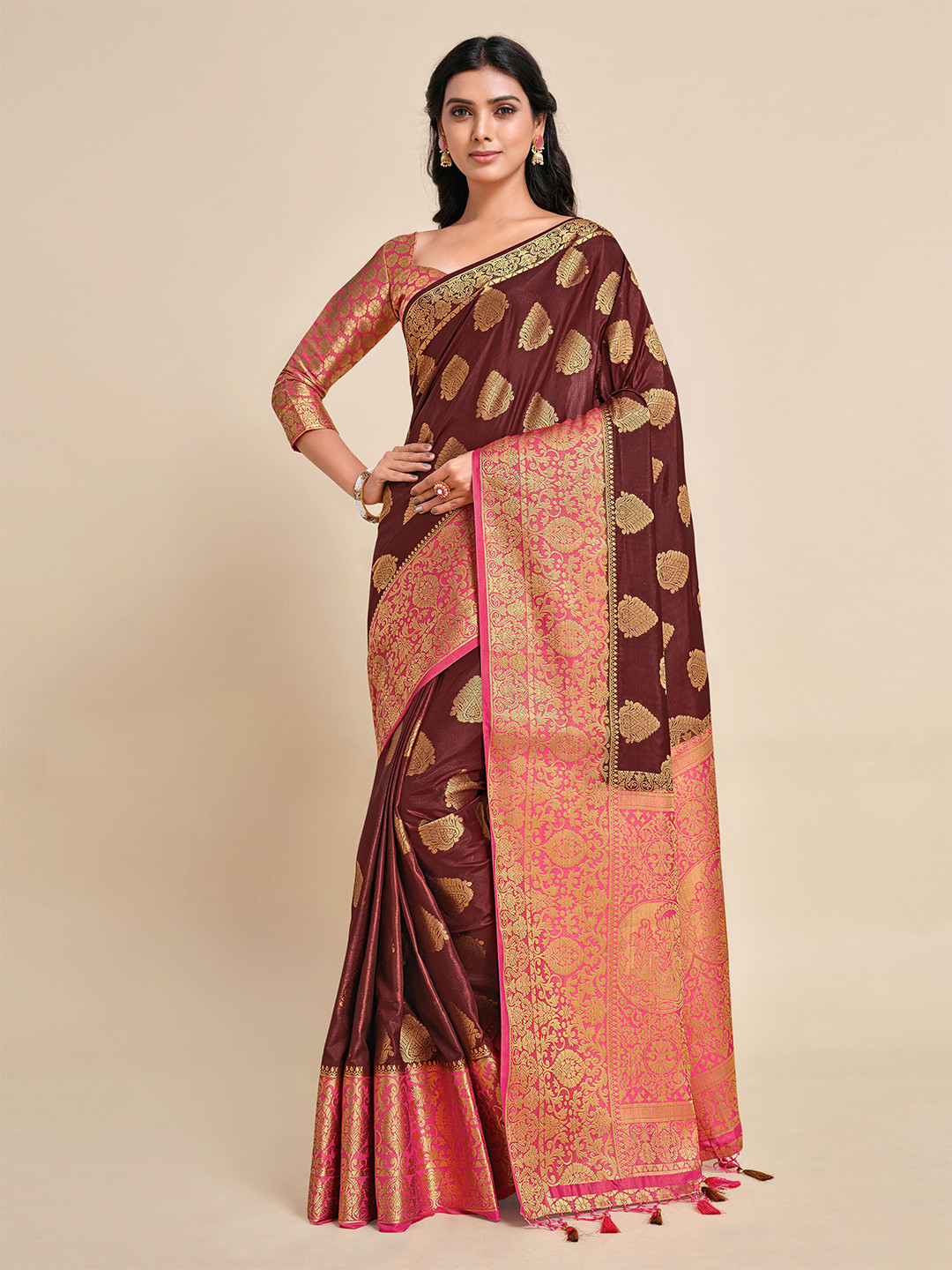 

MIMOSA Burgundy & Pink Ethnic Motifs Zari Art Silk Kanjeevaram Saree