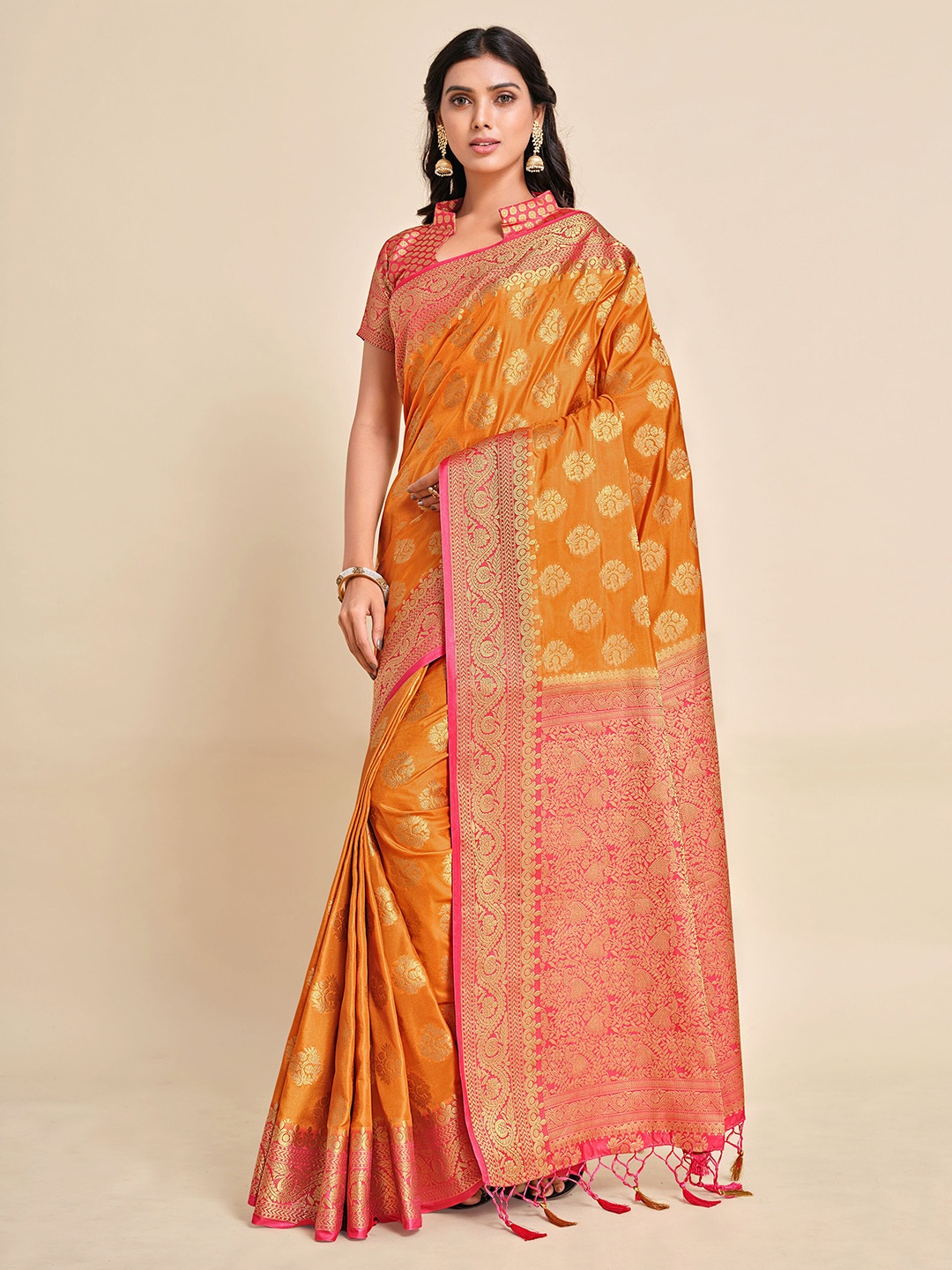 

MIMOSA Orange & Magenta Ethnic Motifs Zari Art Silk Kanjeevaram Saree