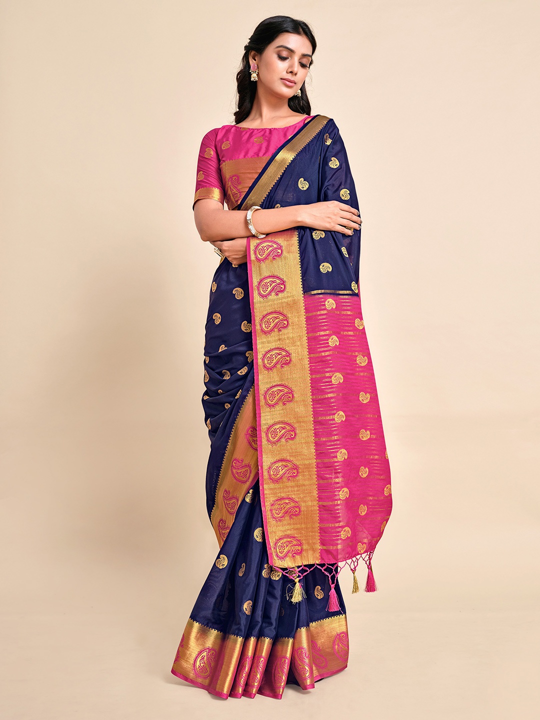 

MIMOSA Navy Blue & Magenta Paisley Zari Mysore Silk Saree