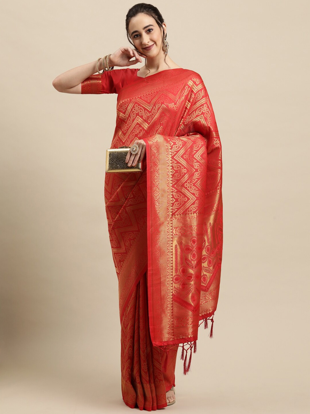 

Saree mall Women Red Woven Design Banarasi Saree