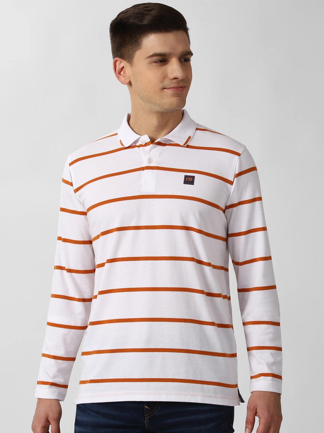 

Peter England Casuals Men White & Orange Striped Polo Collar T-shirt