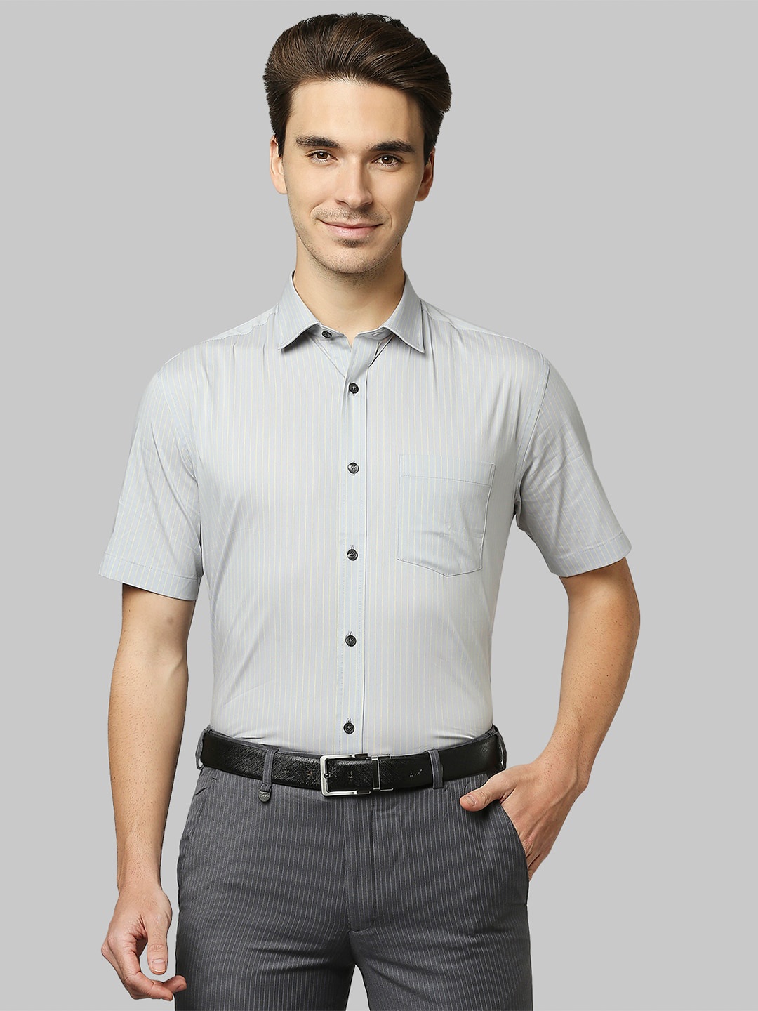 

Park Avenue Men Grey Striped Formal Shirt