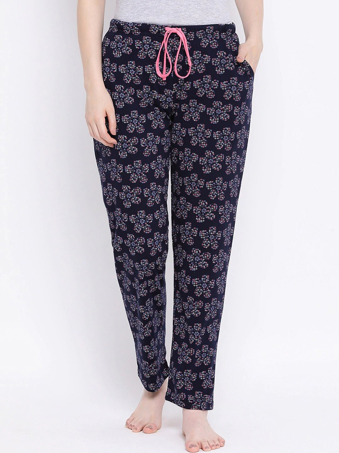 

Kanvin Women Navy Blue & Pink Printed Pure Cotton Lounge Pants