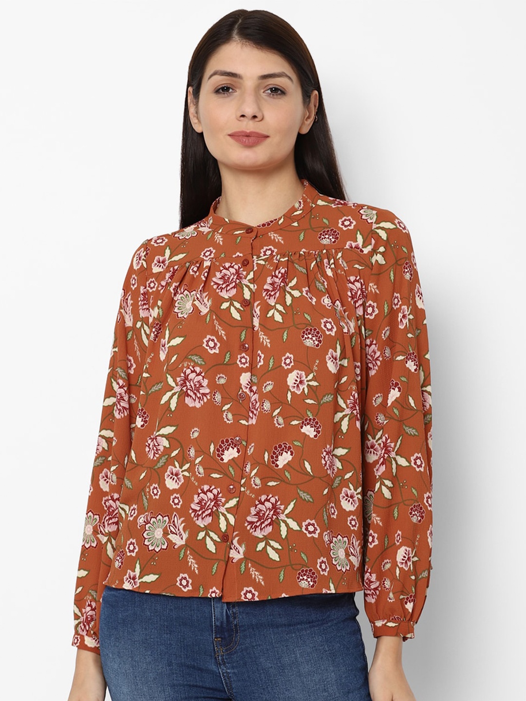 

Allen Solly Woman Maroon & Off White Floral Print Mandarin Collar Top