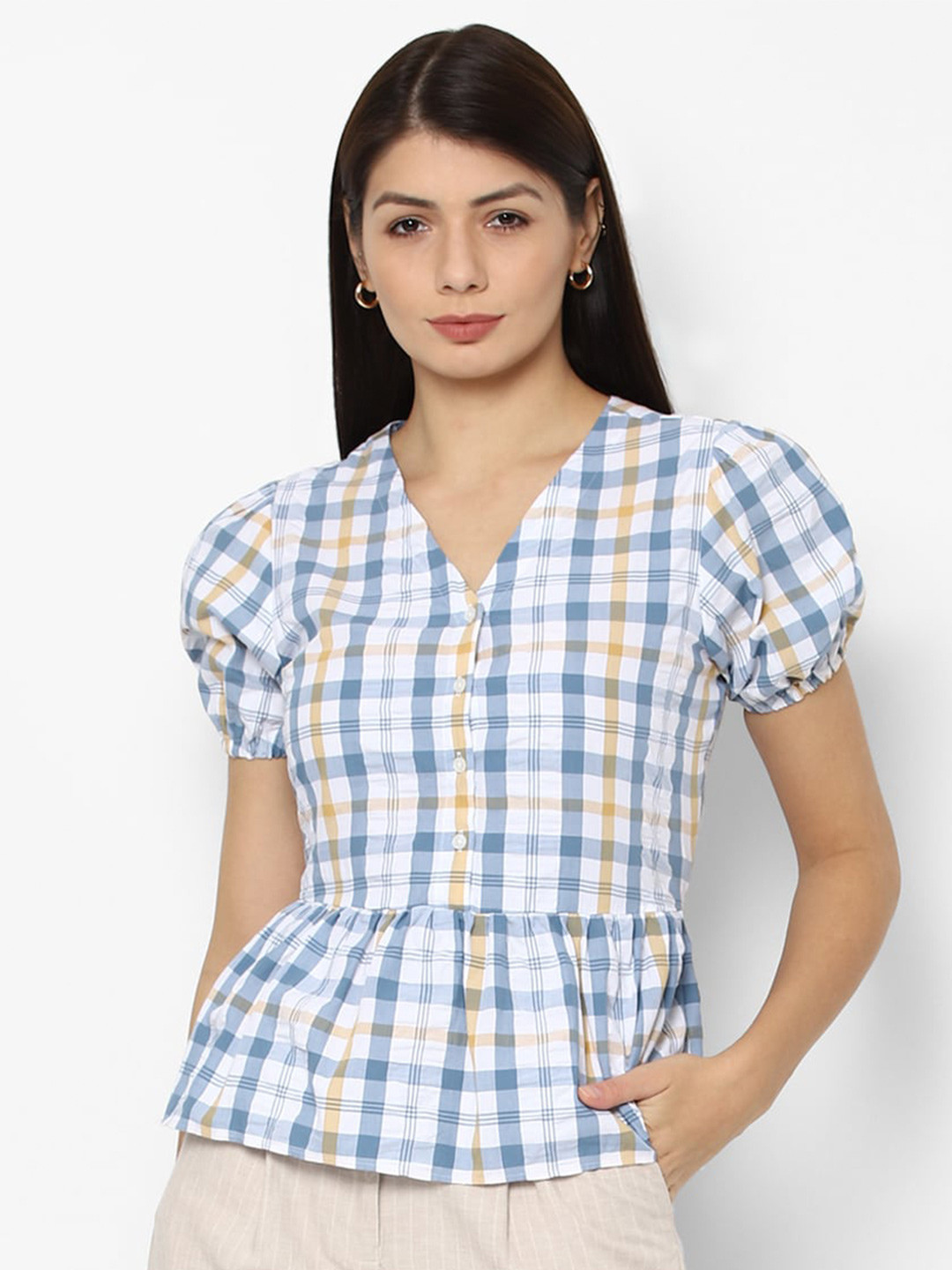 

Allen Solly Woman White & Blue Checked Peplum Pure Cotton Top