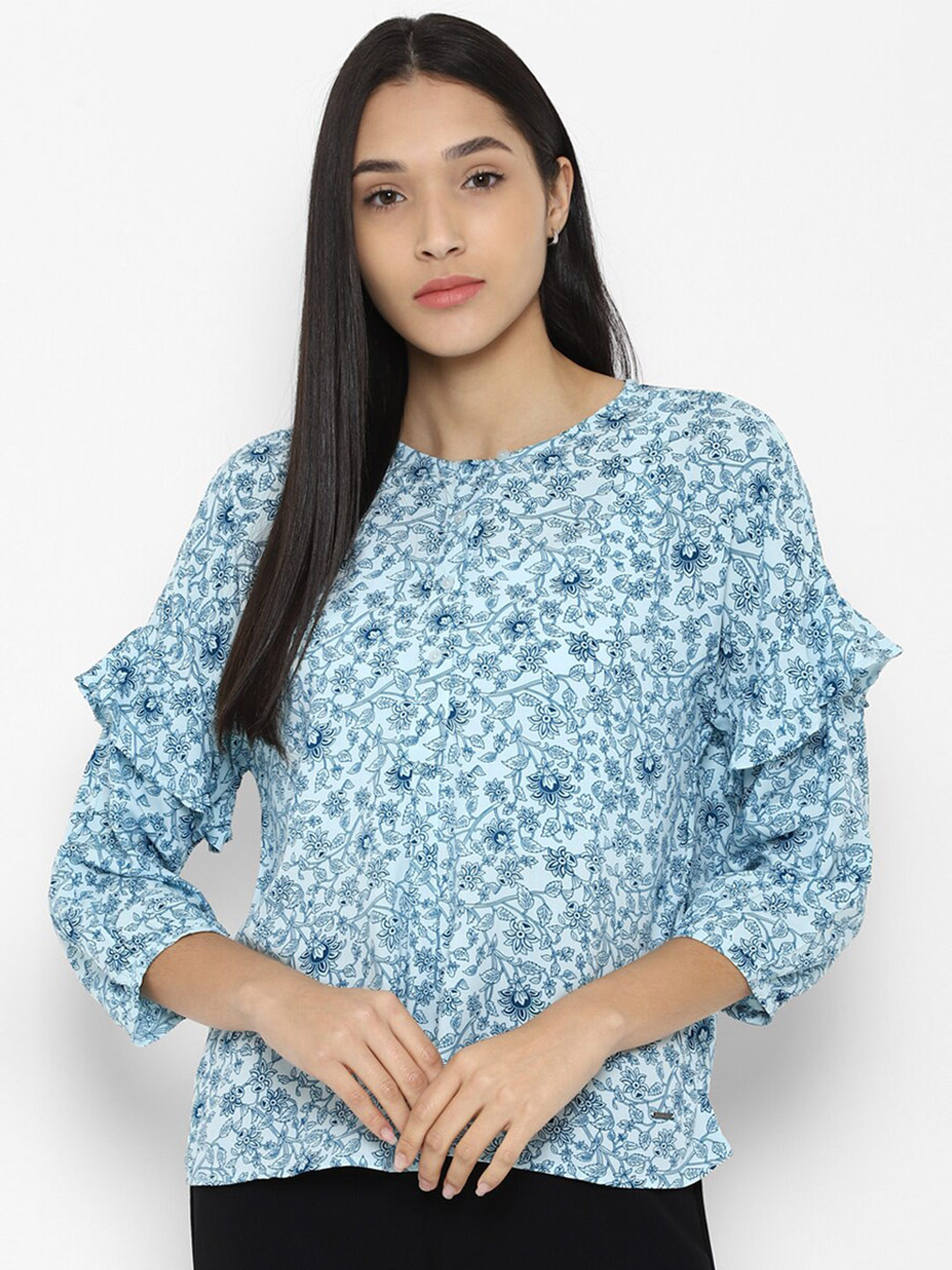 

Allen Solly Woman Blue Print Ruffles Detail Top