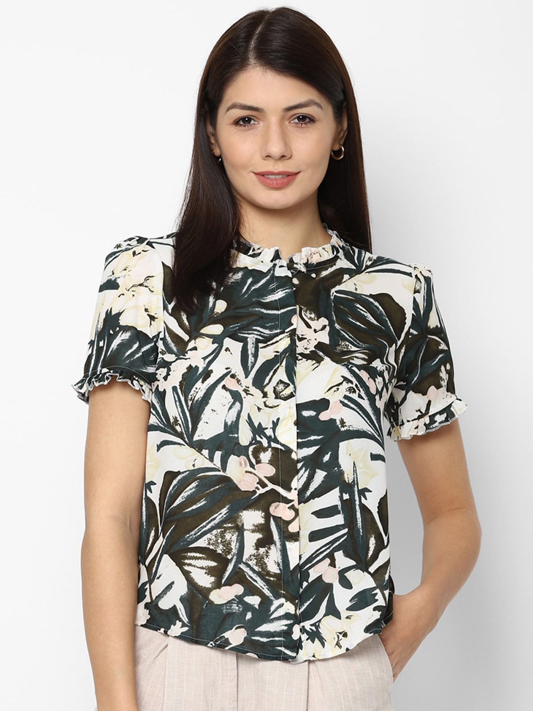 

Allen Solly Woman White & Green Floral Print Mandarin Collar Ruffles Top