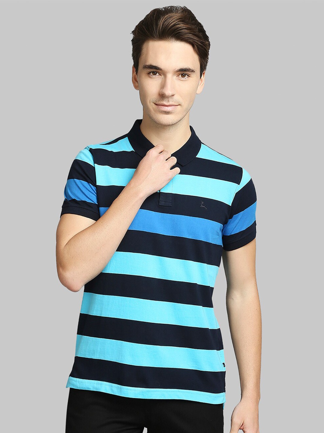 

Parx Men Blue Striped Polo Collar Applique T-shirt