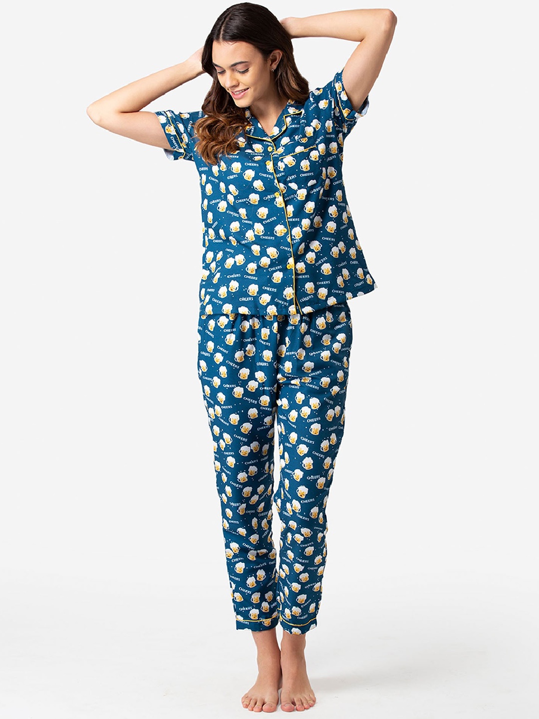 

Bellofox Women Blue & Yellow Printed Night suit