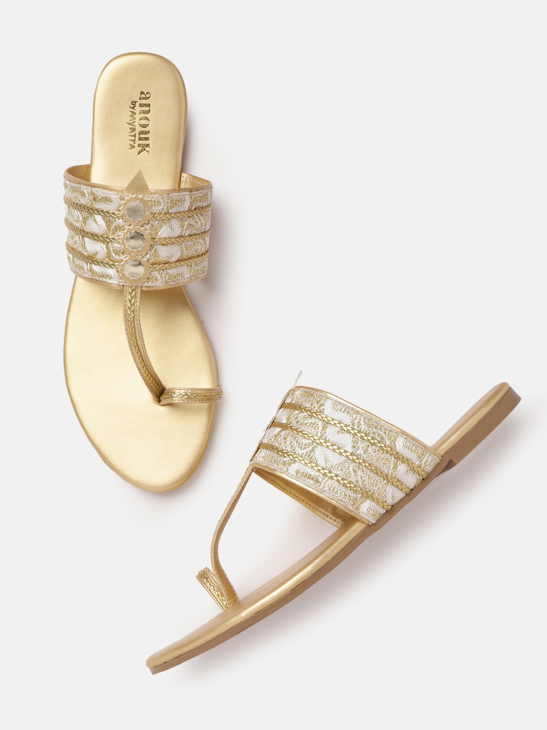 

Anouk Women Gold-Toned & Off-White Textured One Toe Flats with Braided Design