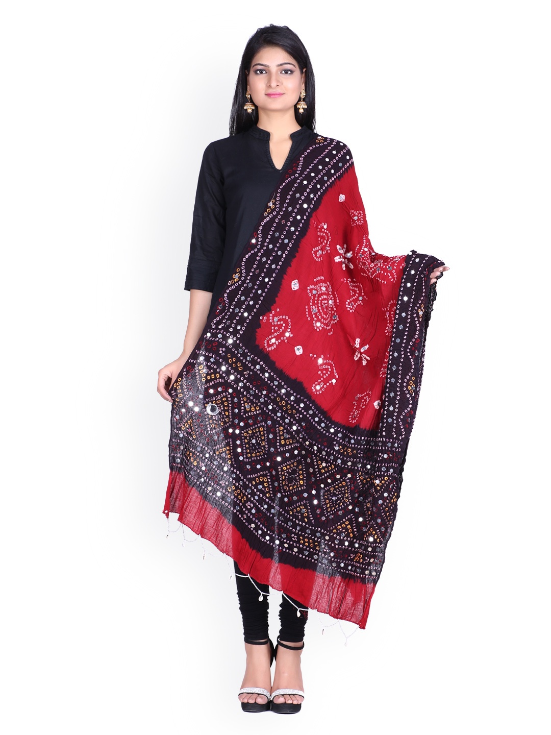 

SOUNDARYA Black & Red Bandhini Print Dupatta with Mirror Work