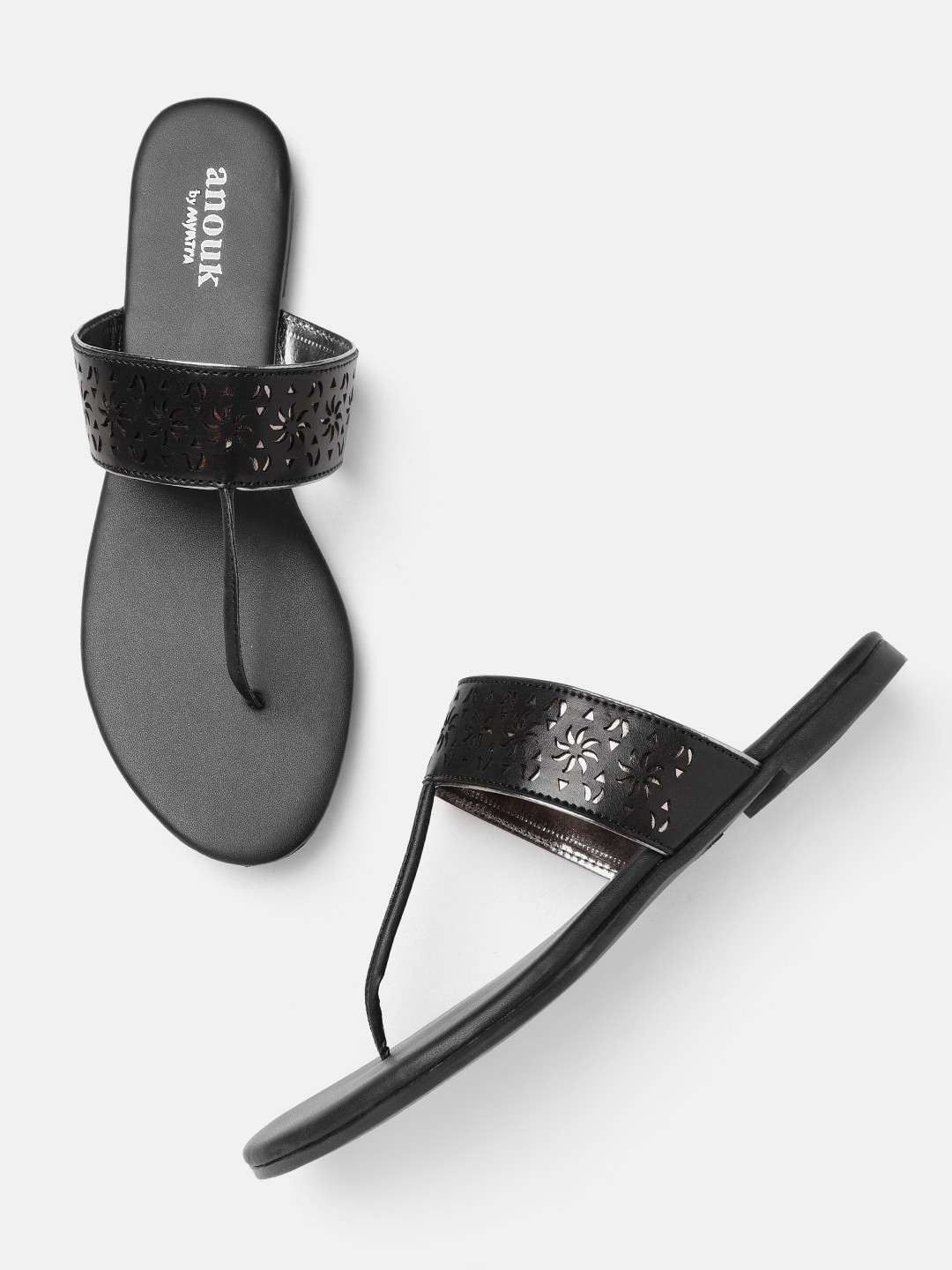

Anouk Women Black & Silver-Toned Laser Cut T-Strap Flats