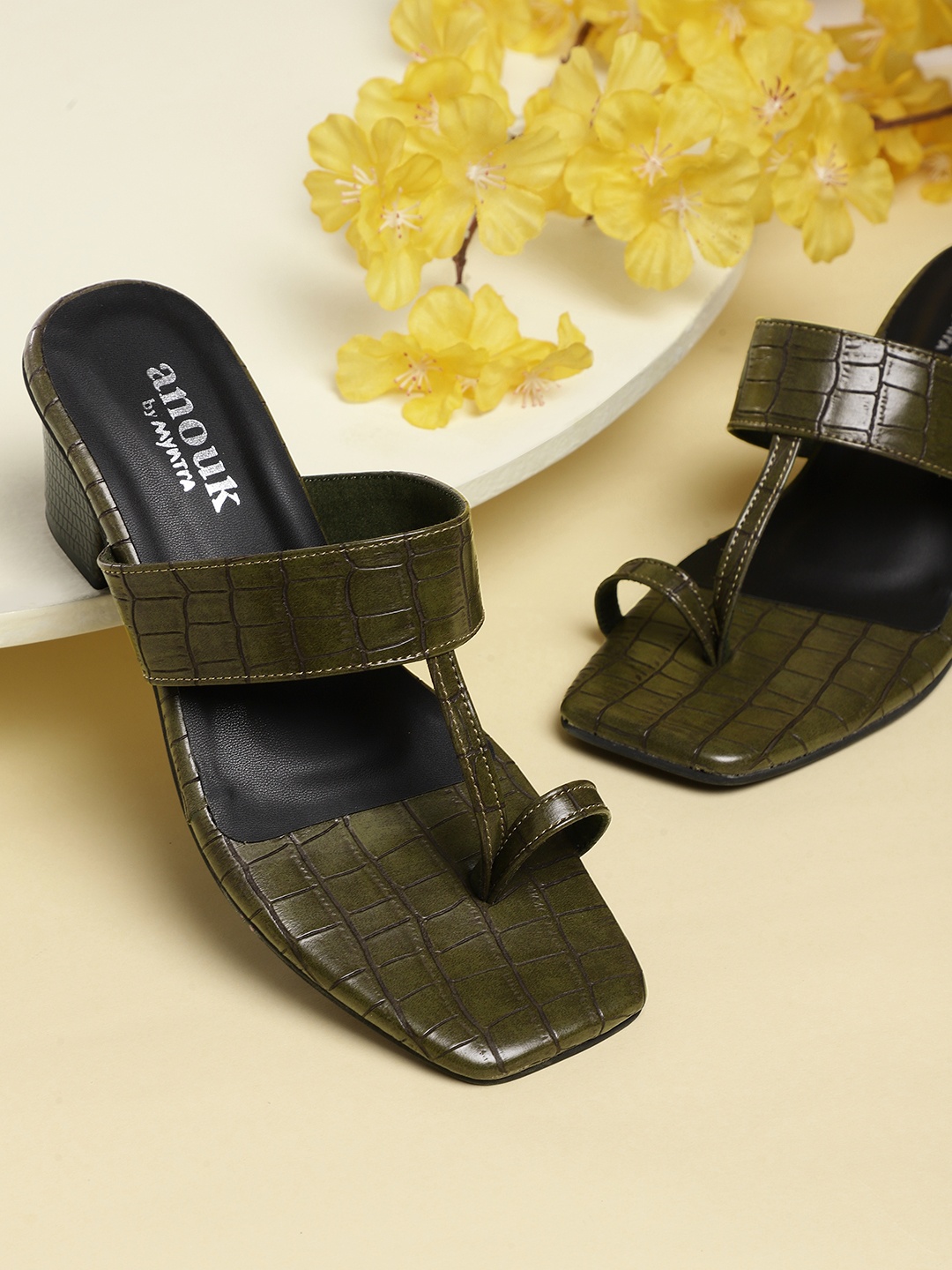 

Anouk Olive Green Croc Textured Block Heels