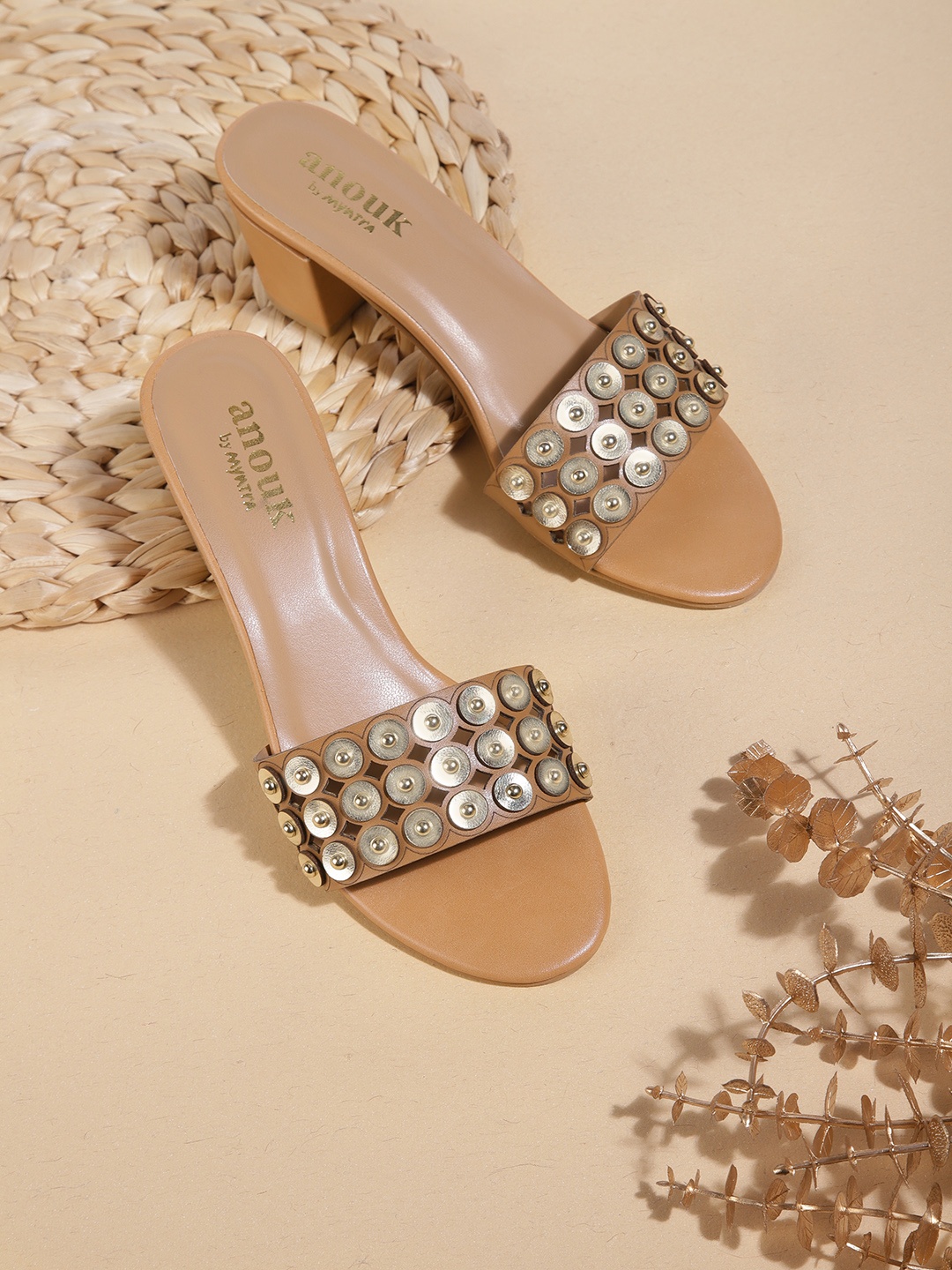 

Anouk Brown & Gold-Toned Block Heels with Embellished Detail