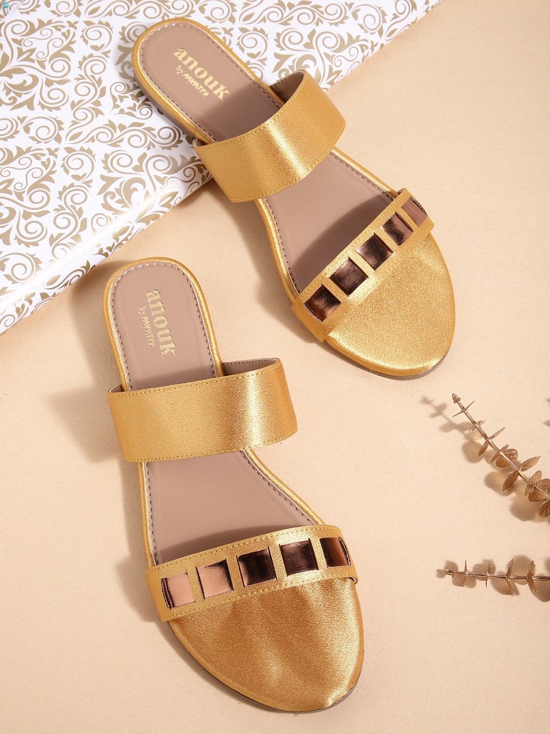 

Anouk Women Mustard Yellow & Rose Gold-Toned Open Toe Flats