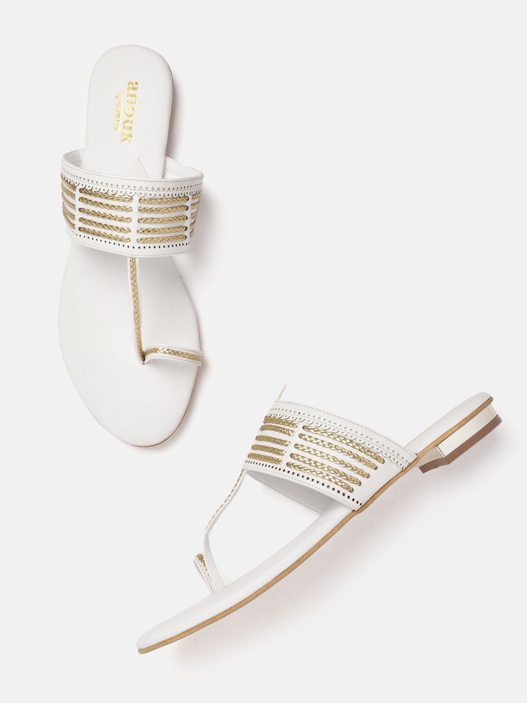 

Anouk Women White & Gold-Toned Braided One Toe Flats