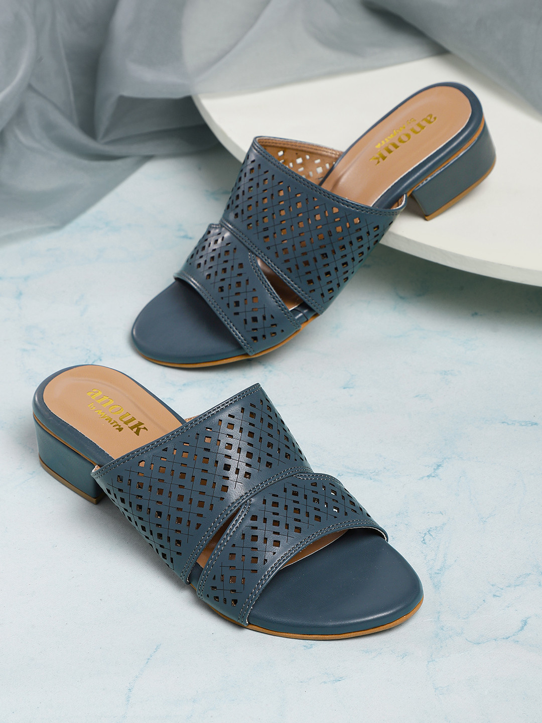 

Anouk Teal Blue Laser Cut Block Sandals