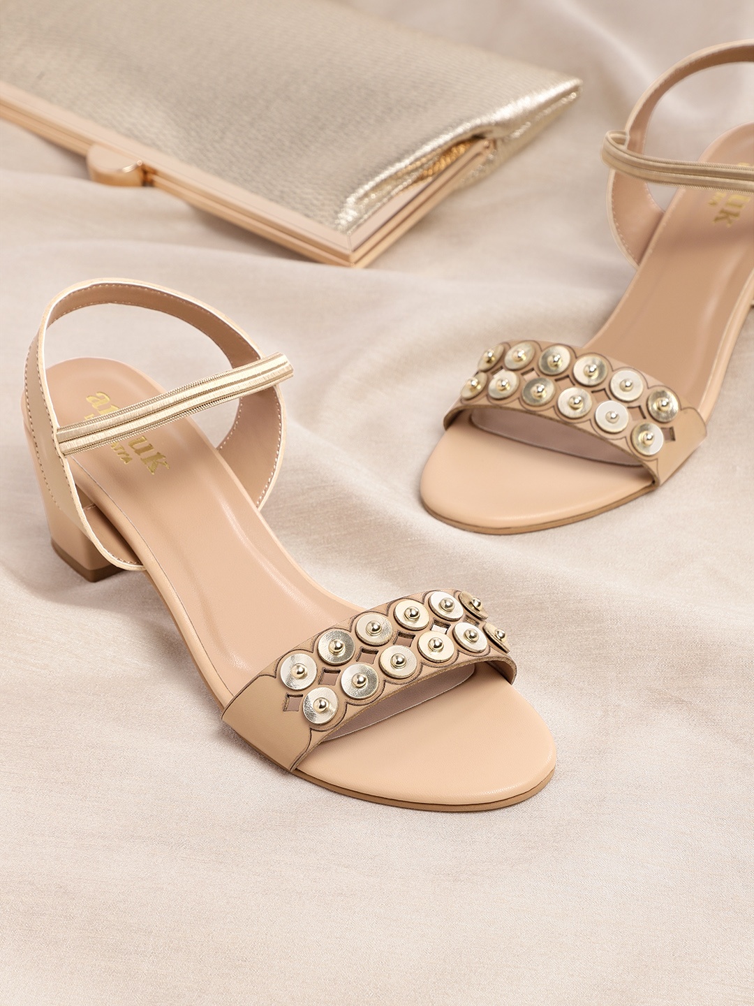 

Anouk Beige & Gold-Toned Embellished Block Heels