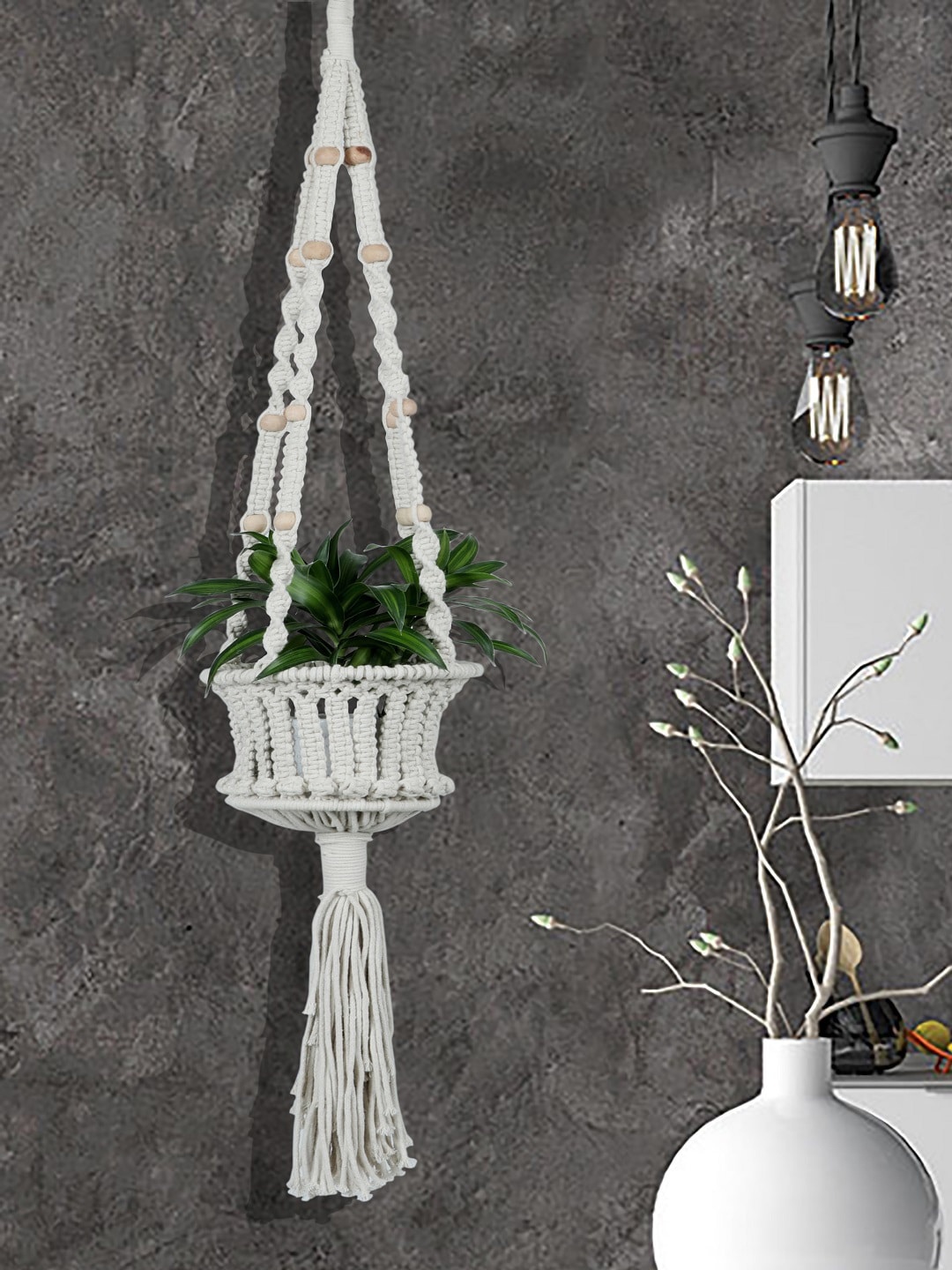 

BELLA TRUE Set of 2 White Macrame Plant Basket Wall Decor