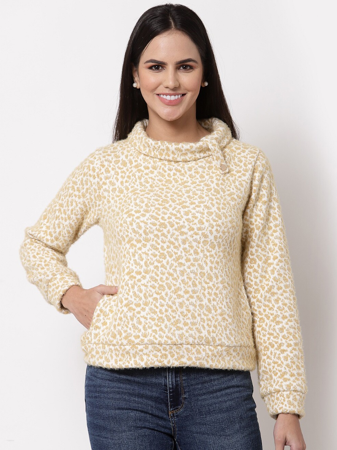 

Juelle Women Yellow Printed Turtle Neck Sweatshirt