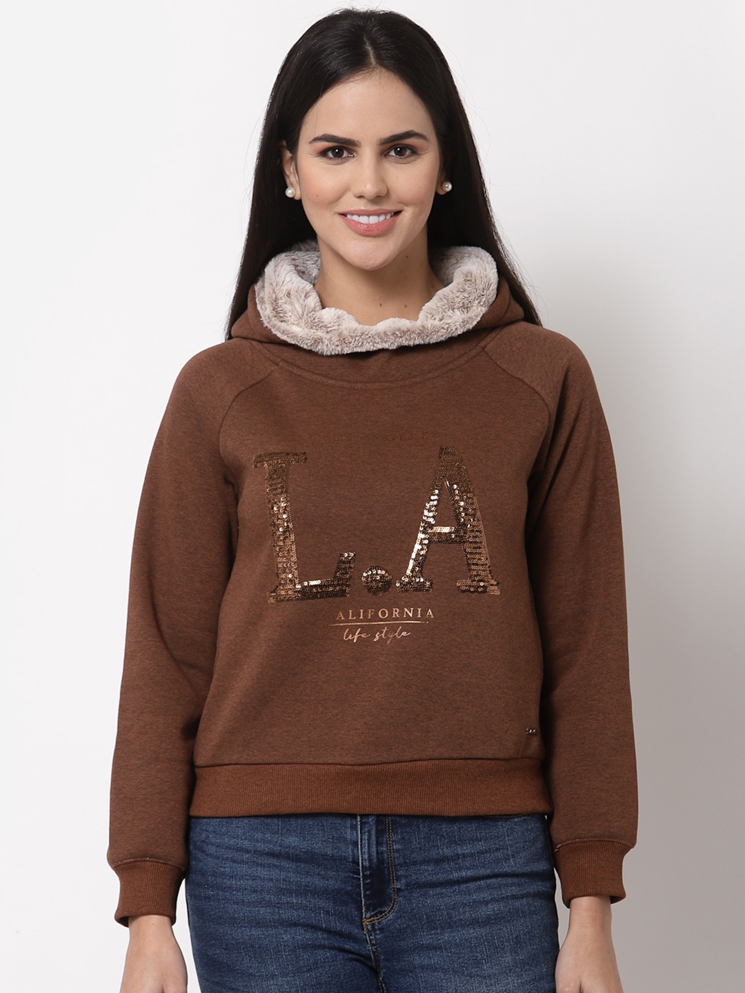 

Juelle Women Brown Embellished Hooded Sweatshirt