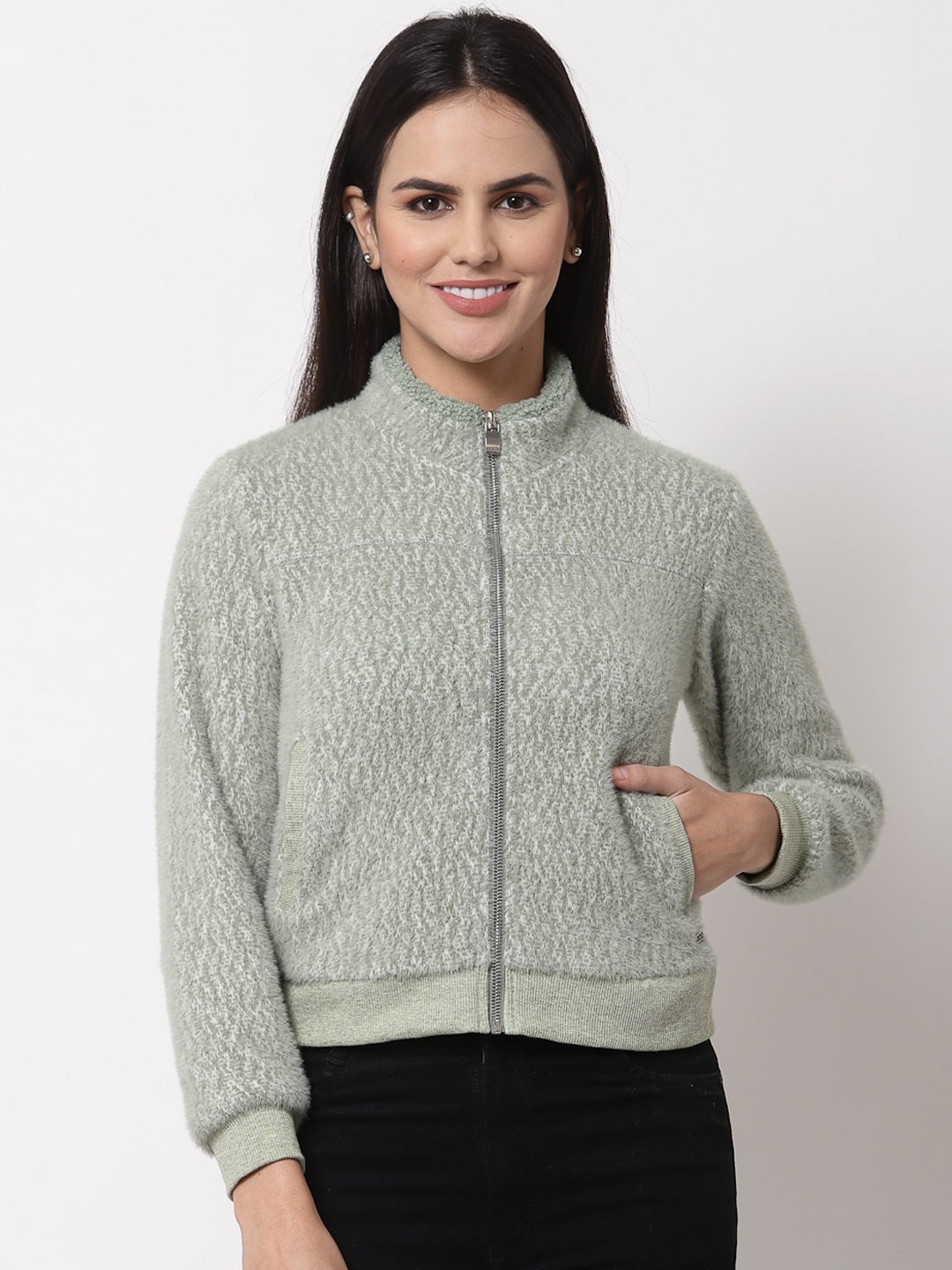 

Juelle Women Green Self Design Front-Open Sweatshirt