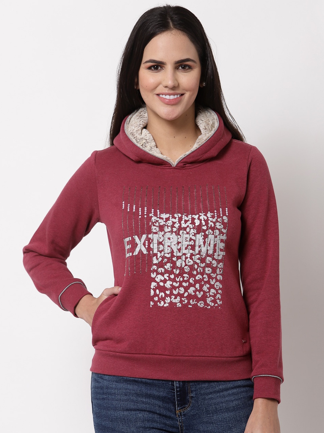 Juelle Women Maroon Printed Hooded Sweatshirt