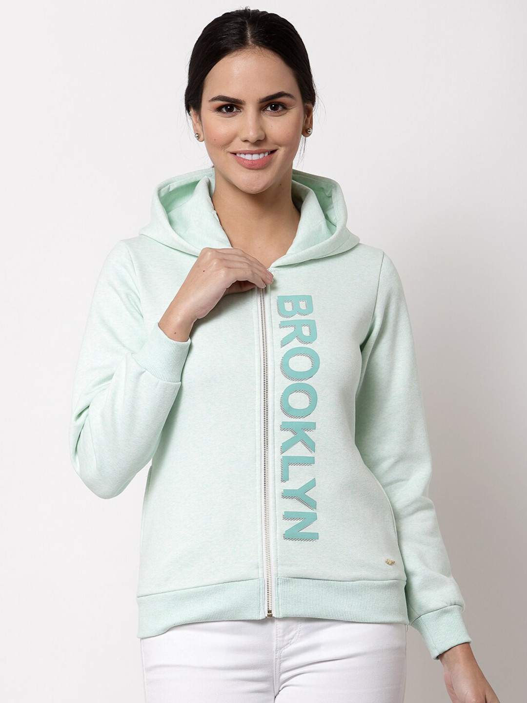 

Juelle Women Green Printed Hooded Fleece Sweatshirt