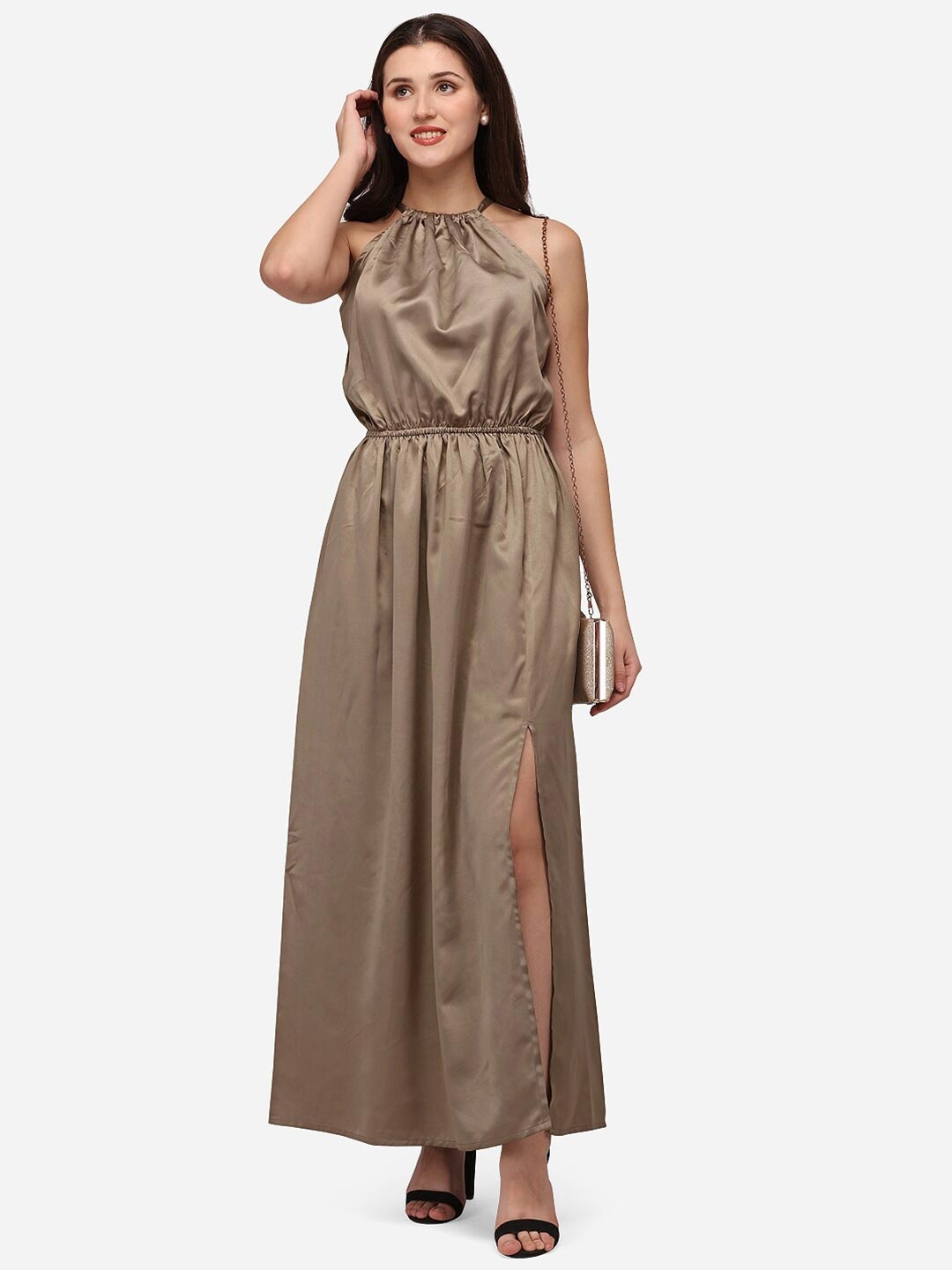 

Smarty Pants Coffee Brown Halter Neck Satin Maxi Dress