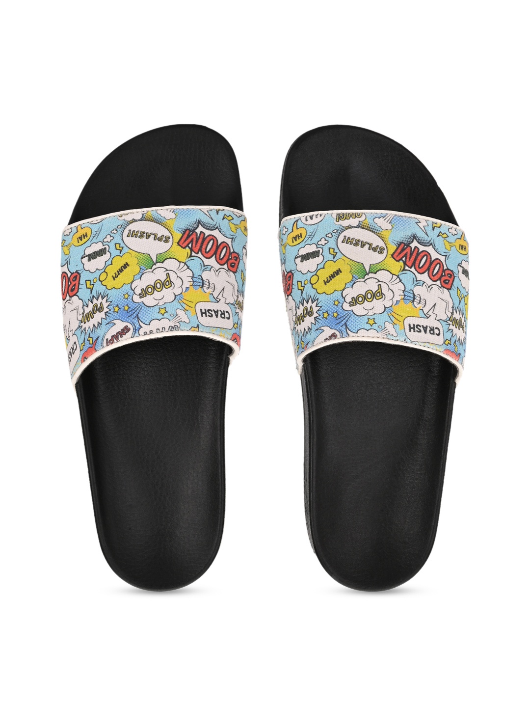 

KLEAT Men Blue & Black Comic Printed Sliders