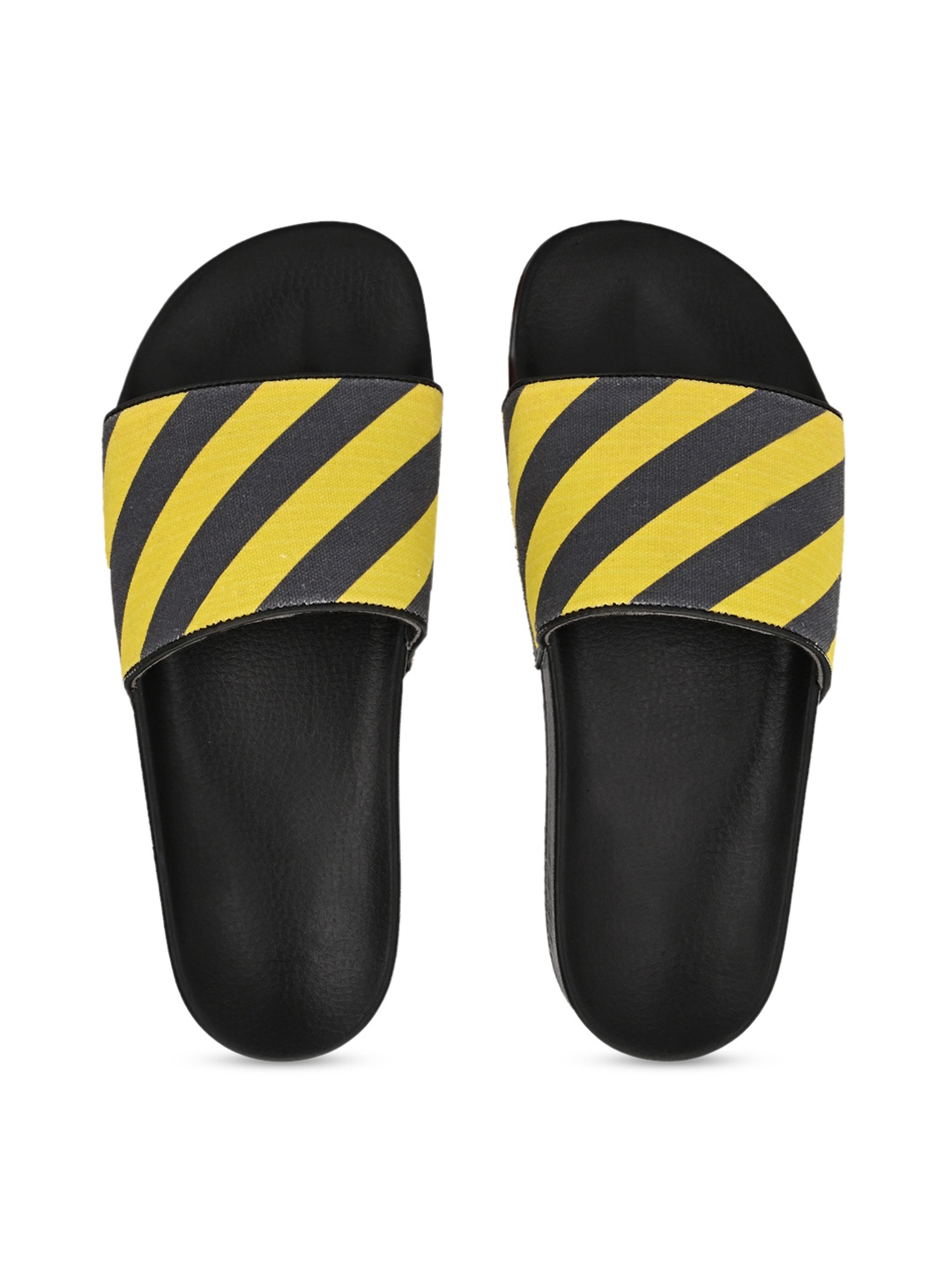 

KLEAT Men Yellow & Black Striped Printed Sliders