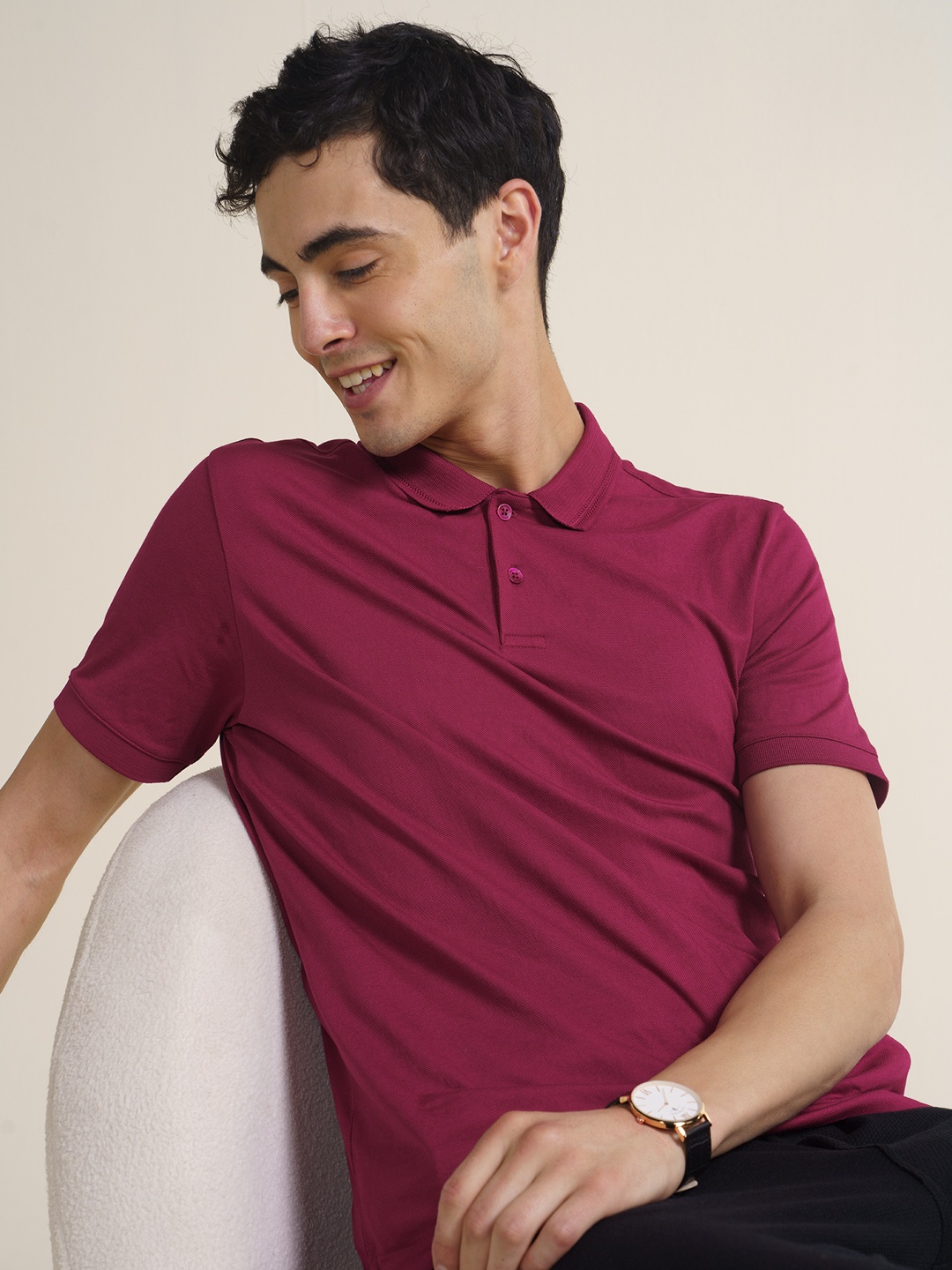 

DaMENSCH Men Solid Maroon Thermoregulating Regular Fit 2 Button Polo T-shirt